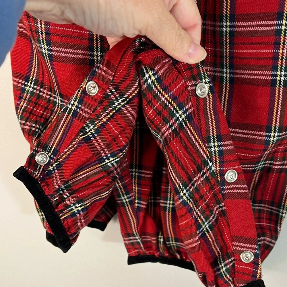 Youngland Red Christmas Plaid Baby Romper w Black Velvet Collar and Bow 3-6 mo